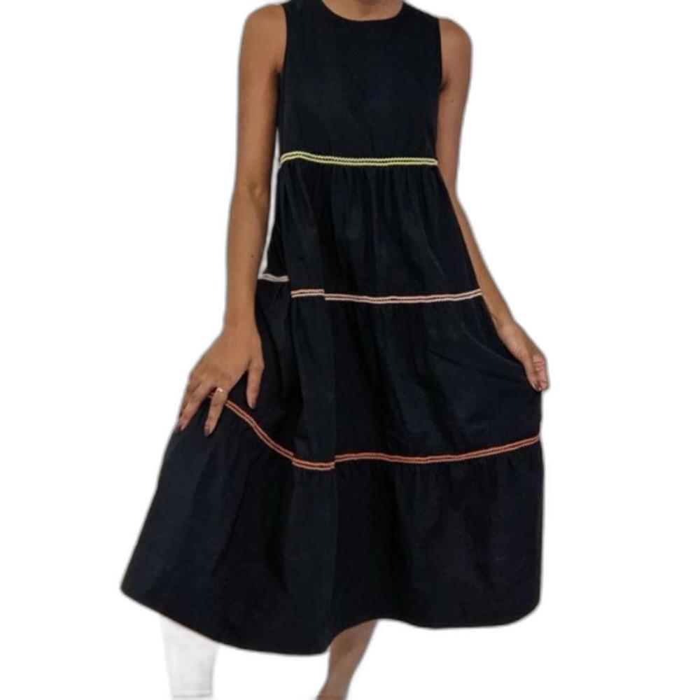 Madewell Maxi Dress M Rickrack Cattail Black Ruffle Tiered Colorful Yellow Pink